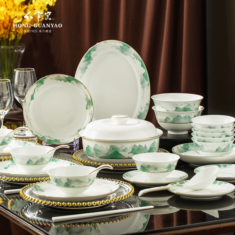 红官窑醴陵陶瓷餐具轻奢新款家用高级感乔迁送礼碗碟套装千里江山