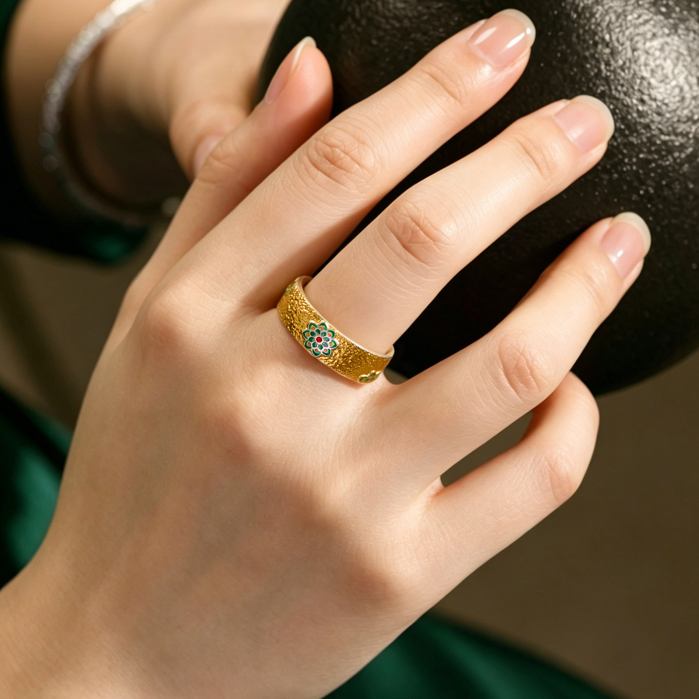 Dian Qingtang pure silver 999 gold and gold flower ring