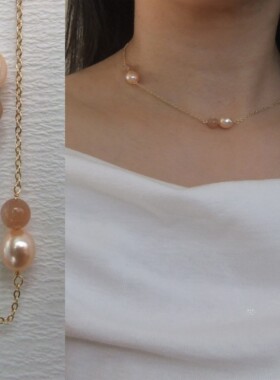 天然珍珠项链女粉橙色水晶天然石多巴胺彩色简约礼物吊坠颈链可爱
