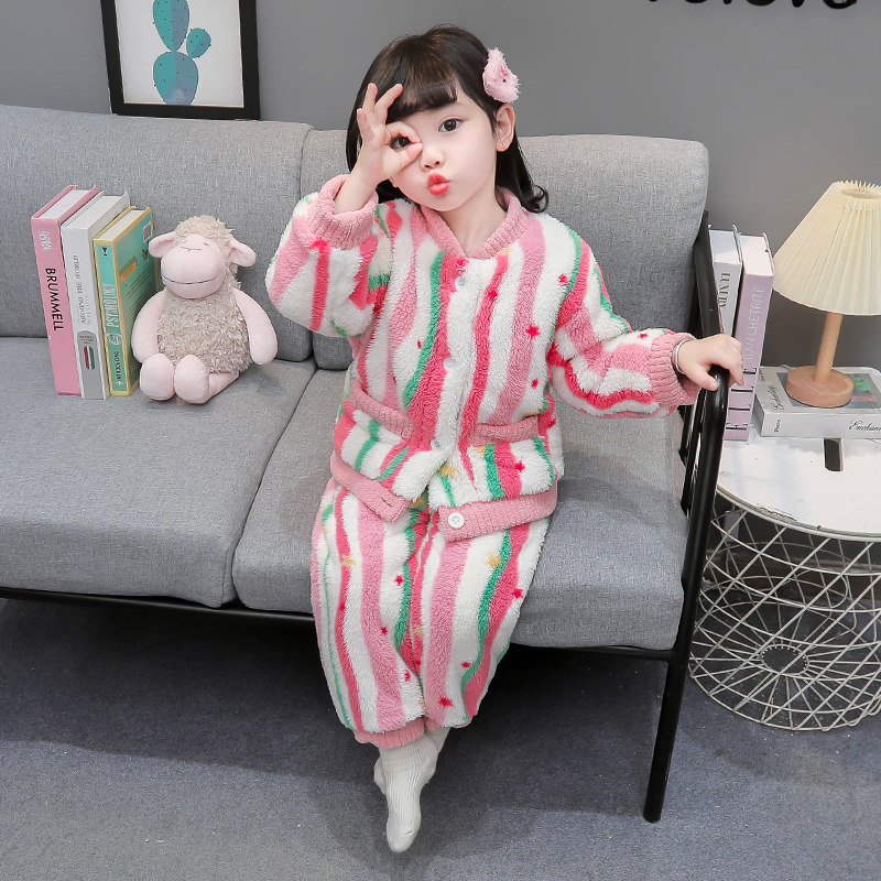 女童珊瑚绒睡衣加厚夹棉女孩彩条开衫家居服三层保暖宝宝衣服冬季,淘宝优惠券,粉丝福利购,淘宝优惠卷