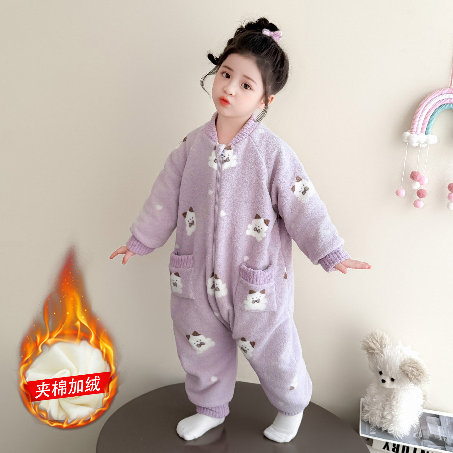 女童连体睡衣冬季法兰绒儿童防踢保暖三层睡袋宝宝如厕版加厚爬服 - 图0