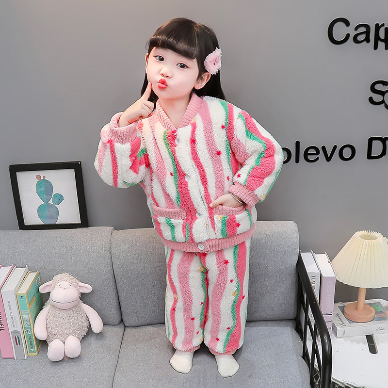 女童珊瑚绒睡衣加厚夹棉女孩彩条开衫家居服三层保暖宝宝衣服冬季,淘宝优惠券,粉丝福利购,淘宝优惠卷