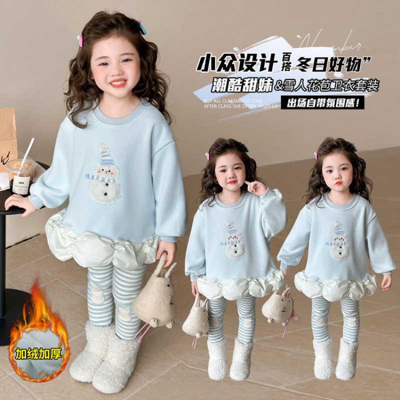 儿童加绒套装2025秋冬新款女童加绒雪人卫衣条纹打底裤可爱两件套,淘宝优惠券,粉丝福利购,淘宝优惠卷