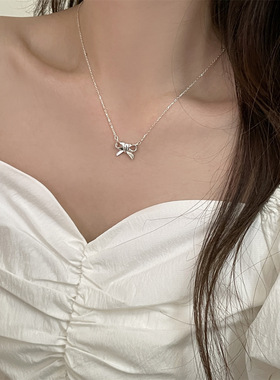 韩系简约蝴蝶结项链女小众设计感高级锁骨链甜美百搭925纯银颈链
