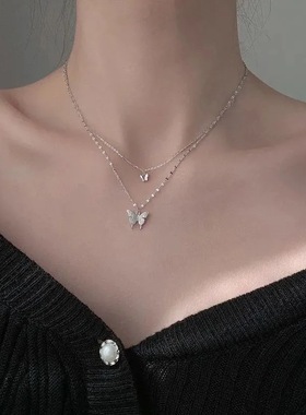 双层蝴蝶项链女ins轻奢锁骨链小众设计感颈链2024新款潮吊坠饰品