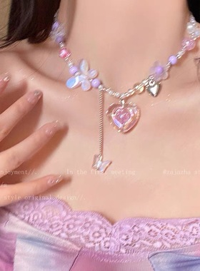 气质甜美日韩新款潮爱心吊坠串珠项链女个性甜酷百搭蝴蝶锁骨链