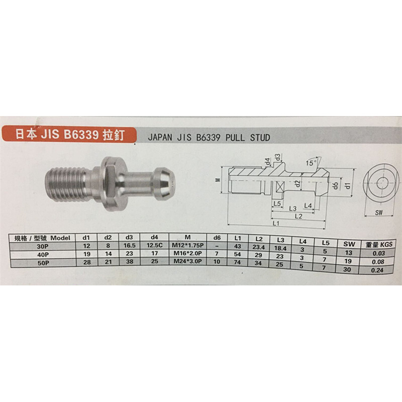 森精机斗山机床拉钉JIS B6339-40/50P日标出水内冷拉钉BT30/BT40 - 图3