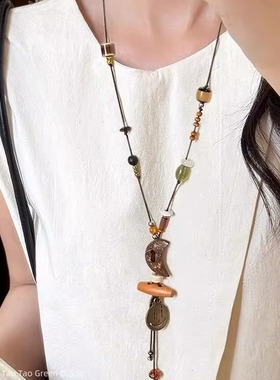 新中式国风长款木质串珠项链