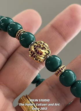 老油绿松石老型手串女款天然原矿高瓷蓝单圈手链男搭配火菩提配件