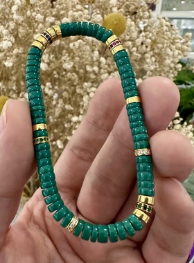 2024网红手串：天然绿松石手链单圈隔片款金色直切药片手串手链