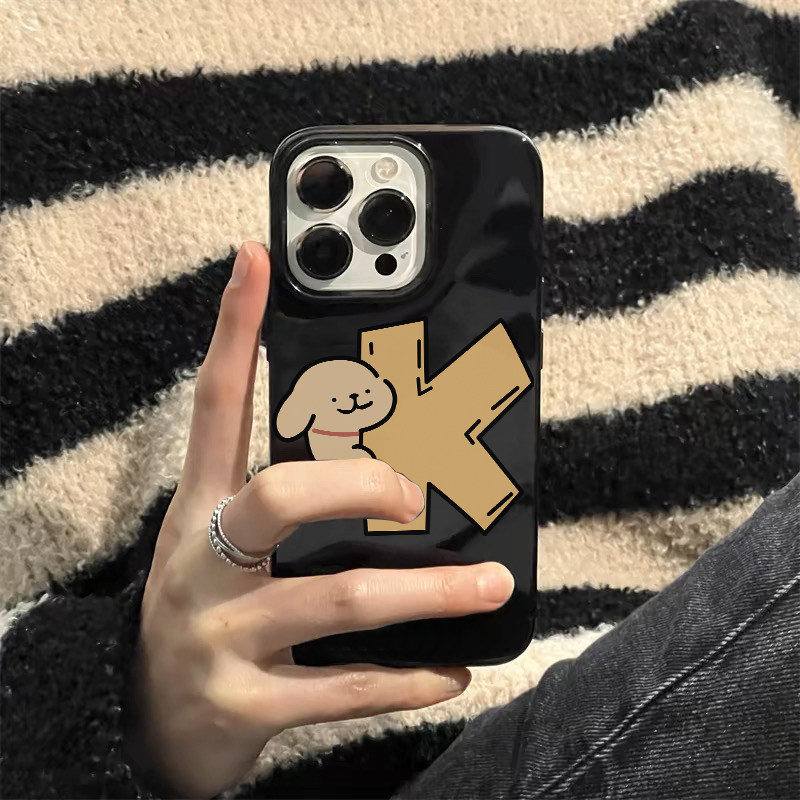 韩国小众个性情侣卡通狗狗手机壳适用苹果16promax新款iphone14亮黑色15pro硅胶13磨砂12男11超薄x全包防摔软