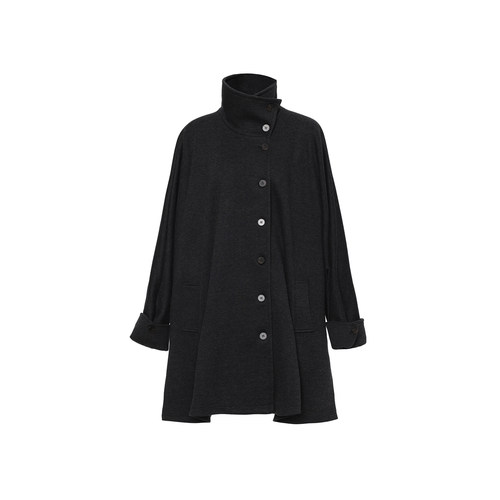 APOZi collection/镜水浮金/黑色宽松中长款外套高领斗篷开叉大衣 - 图3