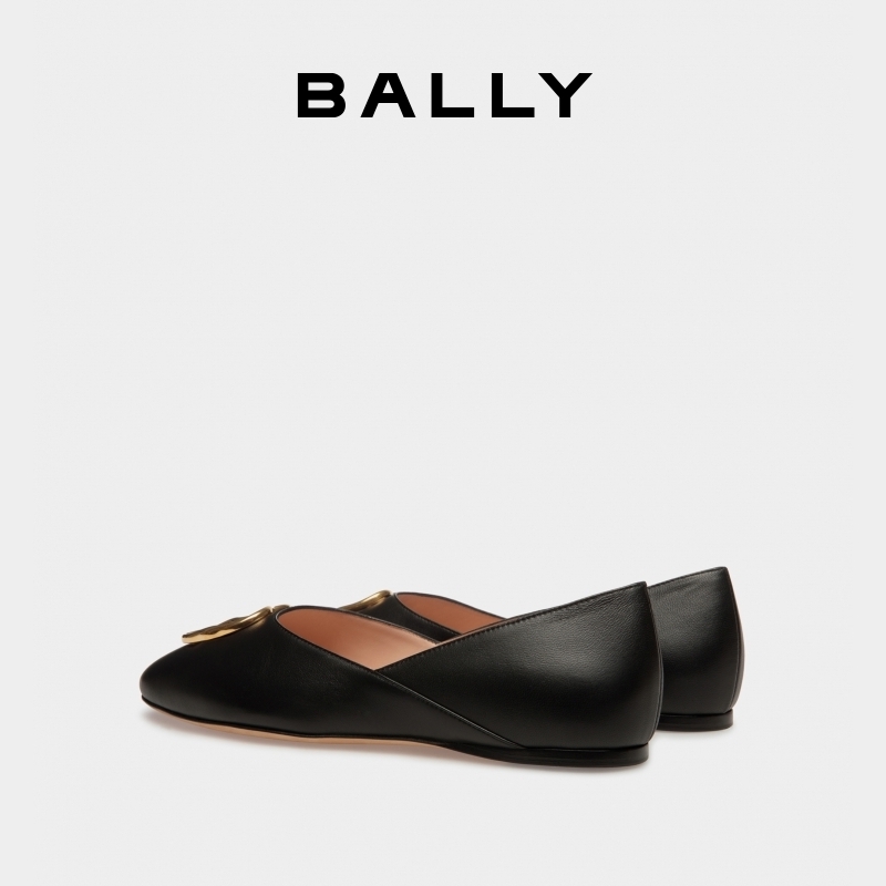 【618预先尊享】BALLY/巴利女士黑色皮革EMBLEM平底鞋6304778 - 图1