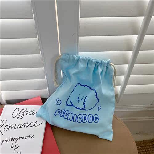 Korean ins cream yellow cute puppy drawstring bag canvas dra - 图1