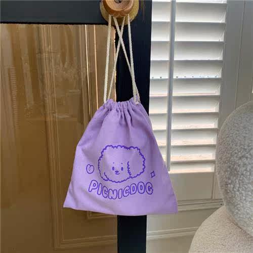 Korean ins cream yellow cute puppy drawstring bag canvas dra - 图2