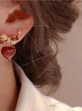 925 silver pin zirconia pearl bow heart earrings niche ins e