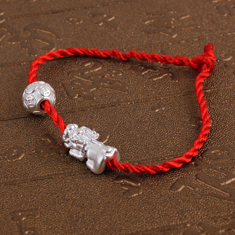 本命年红绳S990足银手链3D硬银貔貅戏珠手链首饰编织手绳猪年礼物