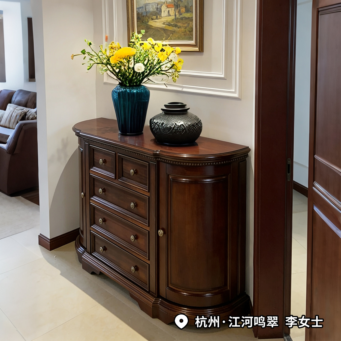 圣蒂伯爵美式全实木客厅多功能玄关柜半圆靠墙玄关桌入户带抽斗柜,淘宝优惠券,粉丝福利购,淘宝优惠卷