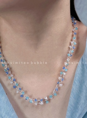 小城夏日 清透蓝色小花花项链韩系叠戴清凉感夏日度假独特锁骨链