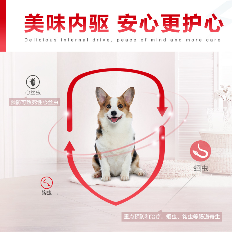 犬心保中型狗狗体内驱虫幼犬驱虫牛肉口味口服药6粒装搭配福来恩