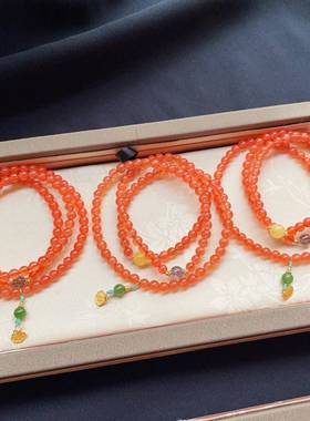 天然保山南红三圈手链珠子5.3搭配天然蜜蜡黑晶超七碧玉银全新