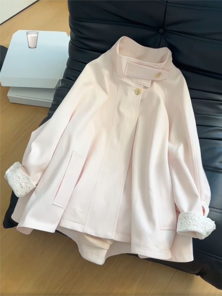 粉樱絮语 甜美少女感新款风衣立领袖口蕾丝拼接设计宽松气质外套~,淘宝优惠券,粉丝福利购,淘宝优惠卷