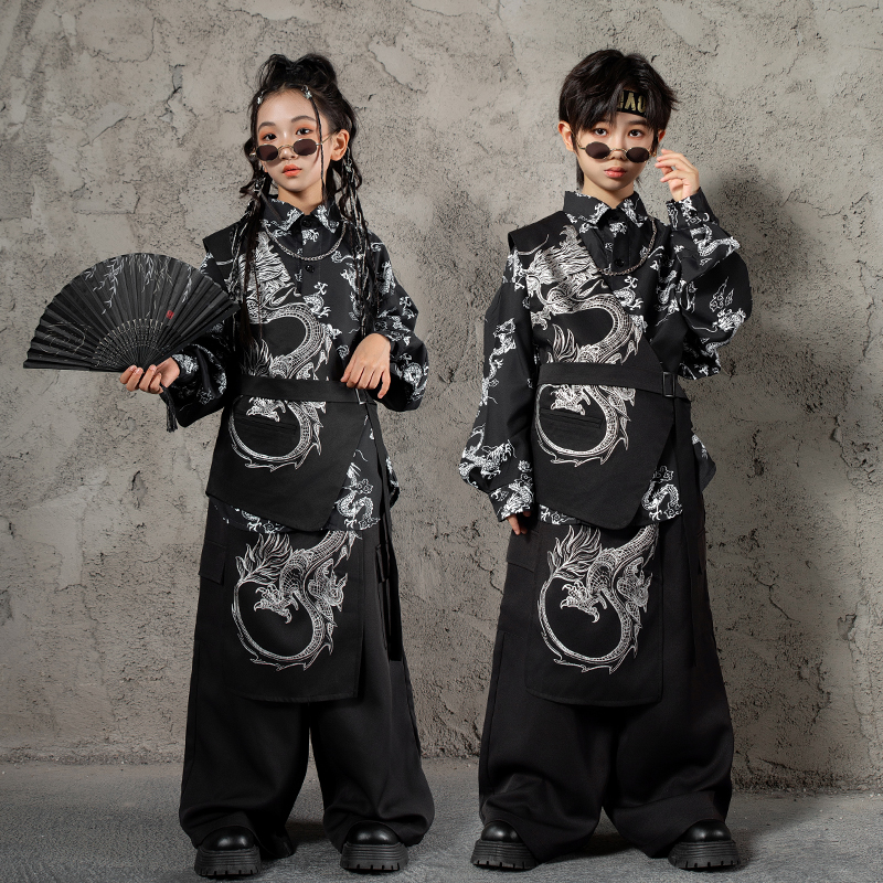 儿童街舞演出服hiphop男童国潮黑色龙纹中国风套装女童唐装表演服 - 图0