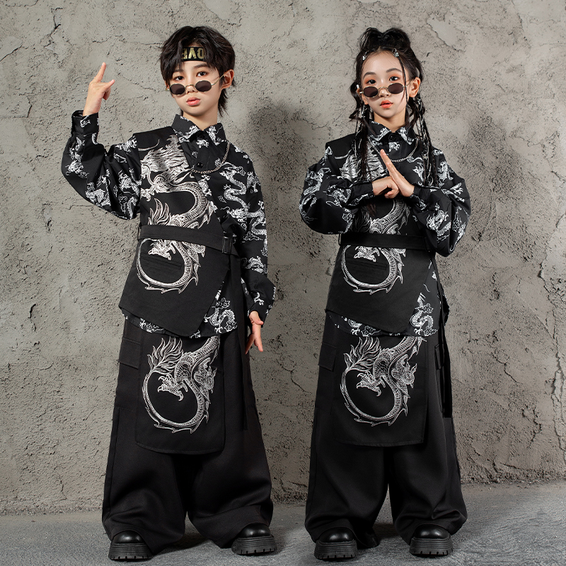 儿童街舞演出服hiphop男童国潮黑色龙纹中国风套装女童唐装表演服 - 图2
