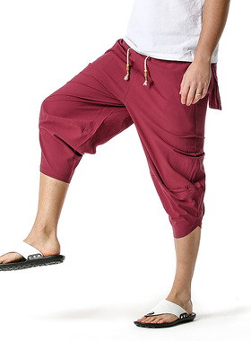 2022 Summer New Men's Harem Pants Men's Drawstring Linen Cas