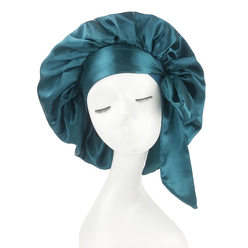 Solid Satin Bonnet with Wide Stretch Ties Long Hair Care Com - 图2