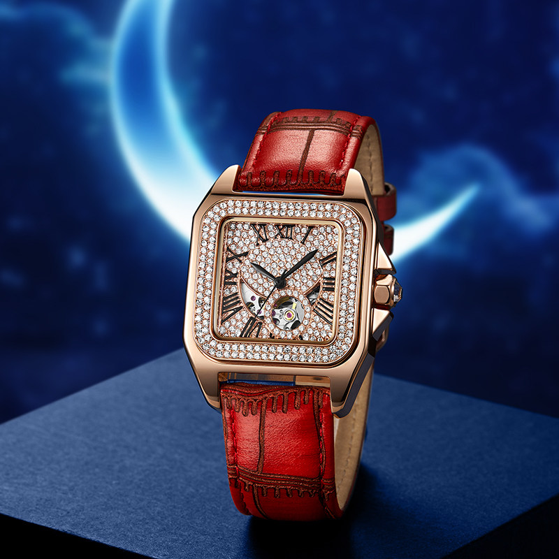 蒂玮娜满钻方形水钻真皮带机械表 davena手表国产腕表