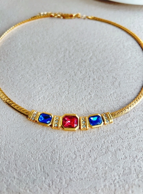 彩色琉璃水钻金色链条女中古项链