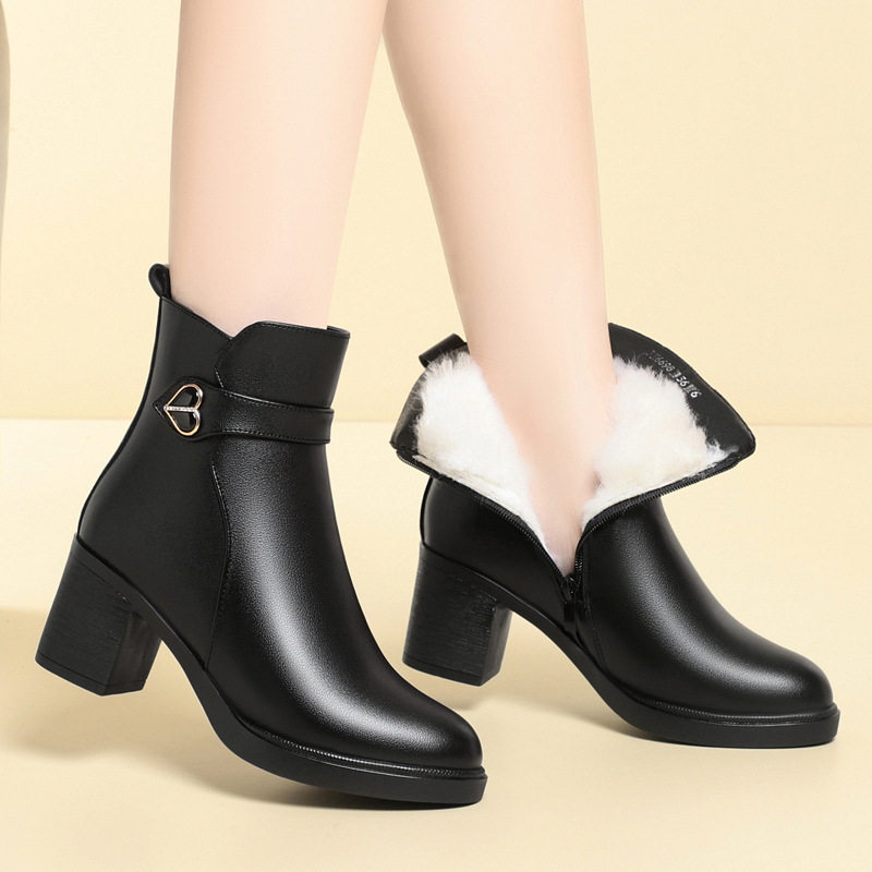 秋冬季新款粗跟短靴女式软皮高跟女靴女保暖羊毛妈妈棉鞋加绒皮鞋,淘宝优惠券,粉丝福利购,淘宝优惠卷