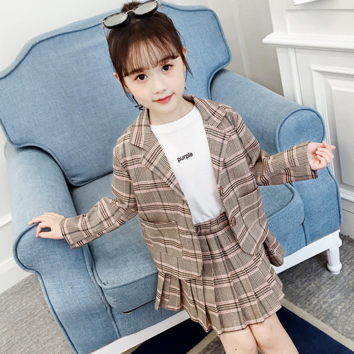 女童西服套装洋气秋装2025新款韩版网红格子西装外套儿童百褶裙套 - 图0