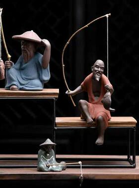 创意人物渔翁微景观姜太公陶瓷茶宠园艺造景垂钓渔公家居装饰摆件