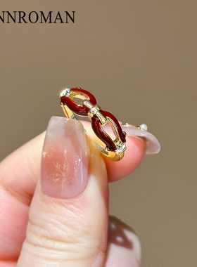 复古安哥拉红色滴釉链环开口戒指女小众设计轻奢高级感可调节指环