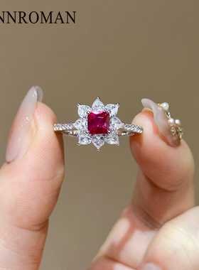 红宝石花朵戒指女轻奢镶钻