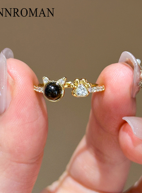 猫耳猫抓开口戒指镶钻轻奢感