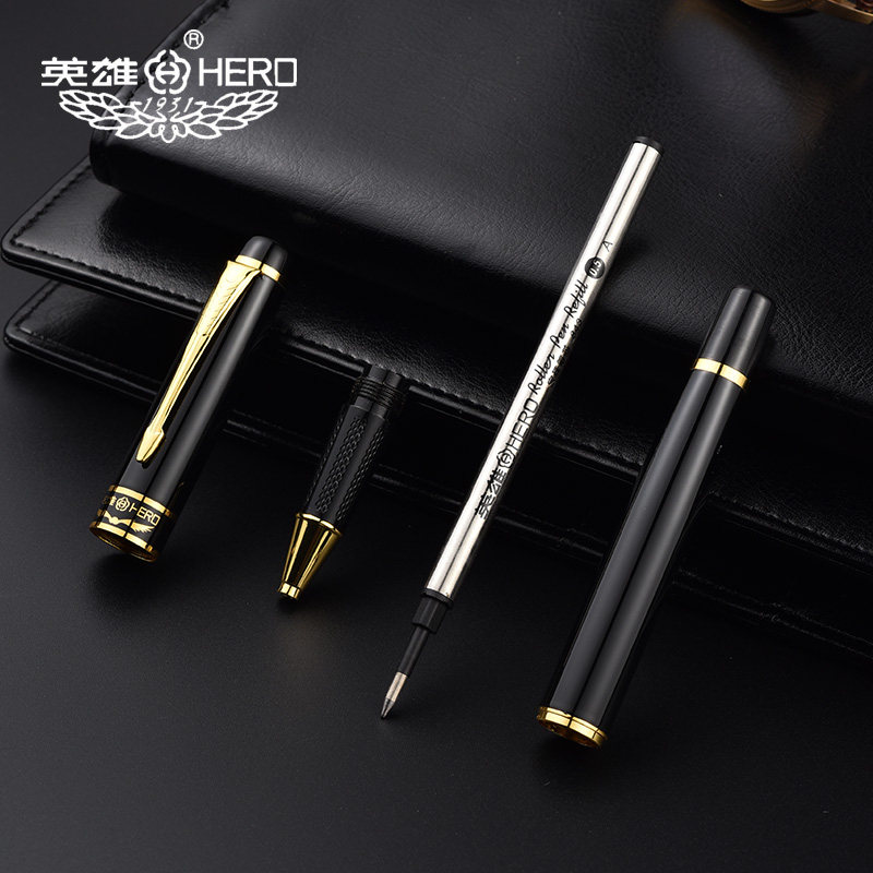 HERO/英雄1501签字笔金属重手感宝珠笔黑色水笔男士商务办公碳素中性笔圆珠笔签名签单笔礼物私人定制logo_虎窝淘