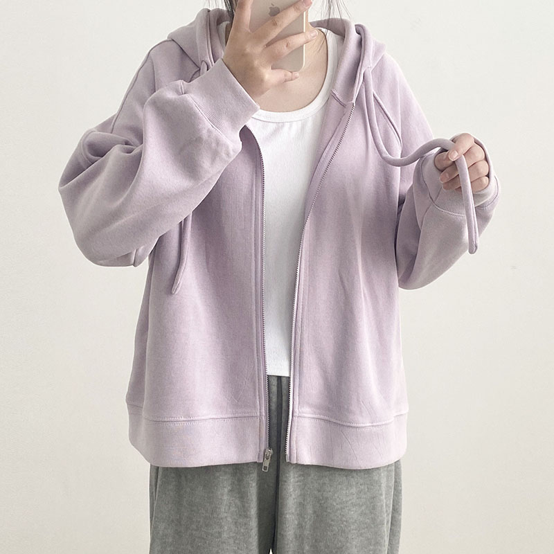 浅紫色插肩袖卫衣外套女短款2025秋冬小个子连帽开衫宽松拉链上衣 - 图1