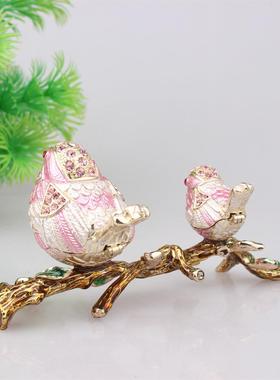合金珐琅彩工艺镶钻摆件母子相思鸟轻奢首饰盒家居桌面装饰礼品