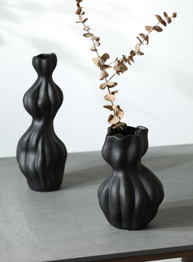 黑白色侘寂风陶瓷花瓶摆件 创意客厅插花抽象复古艺术花器装饰品