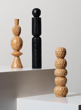 创意几何仿古木头木雕软装饰品摆件侘寂风中古现代壁龛艺术品摆设