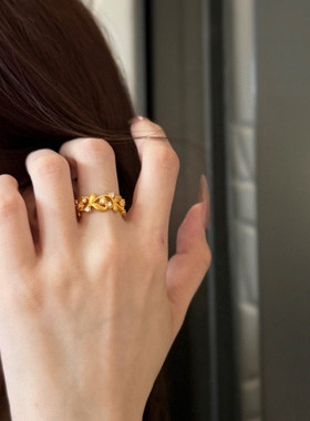 5D硬金黄金花枝树叶戒指女999足金点钻镶嵌镂空指环食指戒送女友
