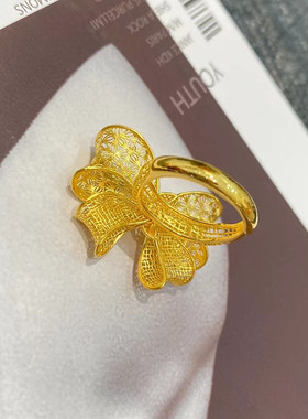 5G黄金蝴蝶结戒指女足金999可调节活口镂空指环显大个性范食指戒