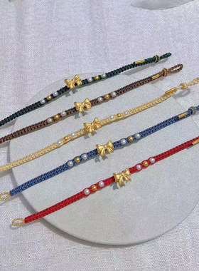 3D硬金黄金蝴蝶结红绳手链女999足金在逃公主本命年编织手绳送礼