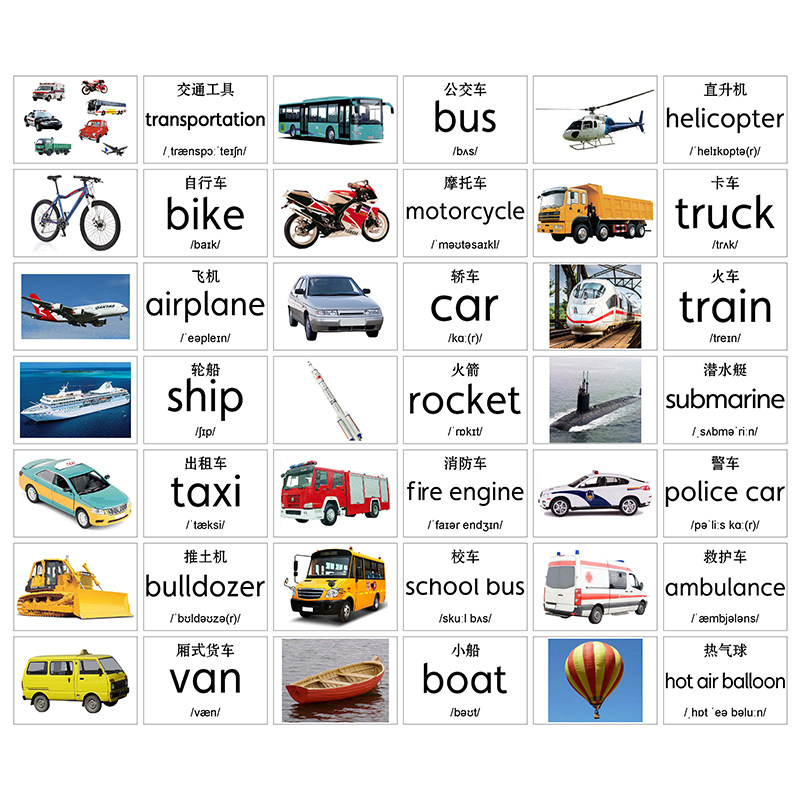 Transport交通工具英语卡片单词闪卡宝宝启蒙幼儿英文教师教具_虎窝淘