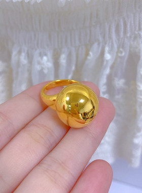 5D硬金黄金光珠戒指女999足金ins风个性时尚光面珠珠纯金指环送礼