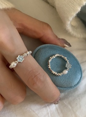 一恋蓝色滴釉花朵仿珍珠不规则戒指女轻奢时尚百搭气质食