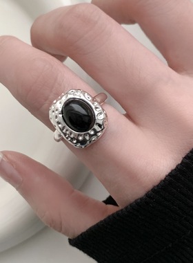 一恋甜酷叠戴破碎感戒指女黑色椭圆精致百搭开口指环ins风个性食